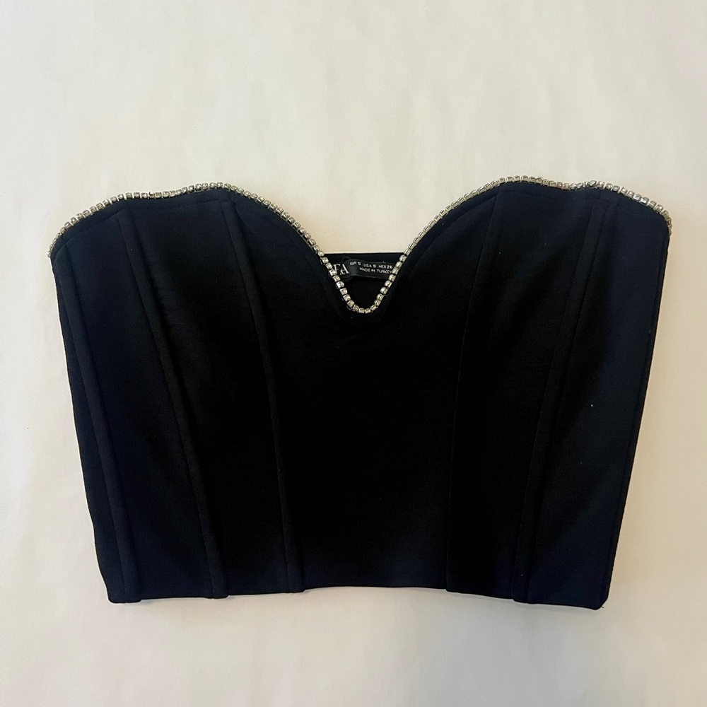 Zara Black Strapless Crop Top with Silver Accents
